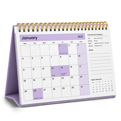 2027 desk calendar in Lavender, open at January with festivals and holidays listed beside the dates