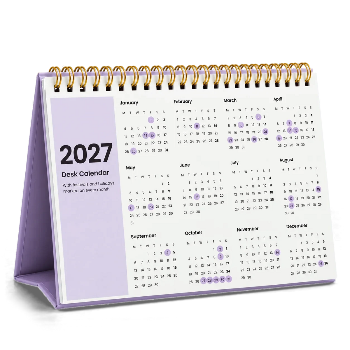 2027 desk calendar in Lavender, year at a glance page with festival dates circled