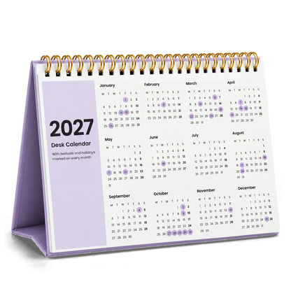 2027 desk calendar in Lavender, year at a glance page with festival dates circled