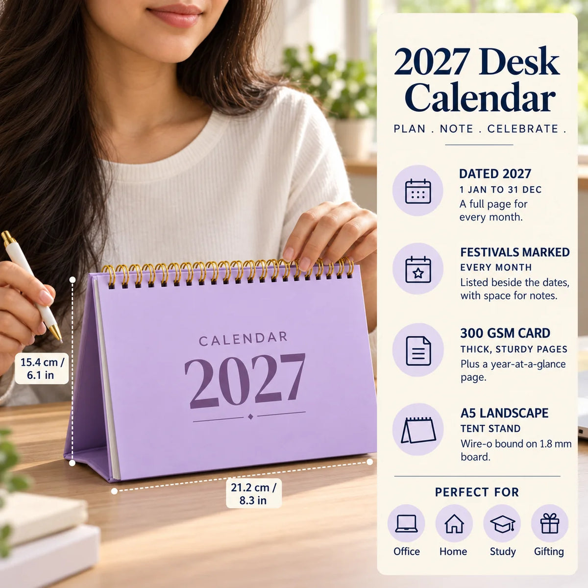 2027 desk calendar in Lavender on a desk with a woman's hand on it, with size and key features