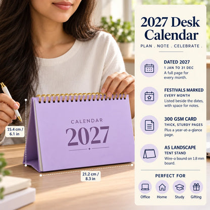 2027 desk calendar in Lavender on a desk with a woman's hand on it, with size and key features