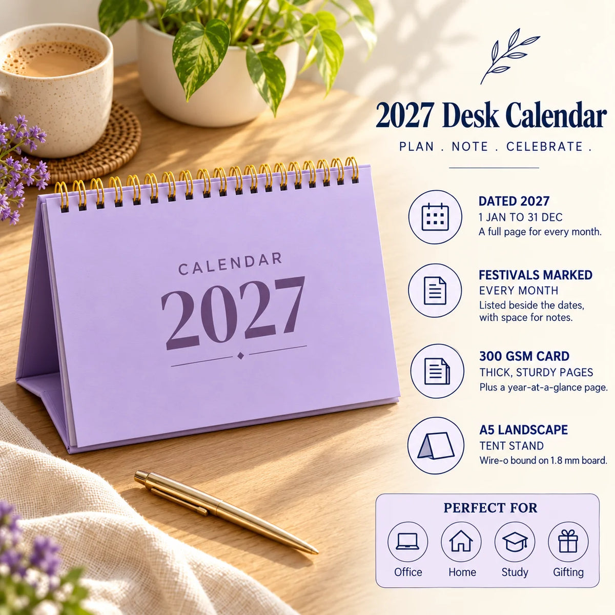 2027 desk calendar in Lavender on a wooden desk with chai, with key features