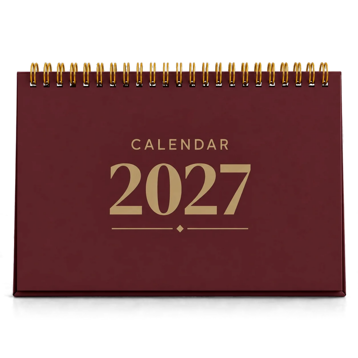 2027 desk calendar in Maroon, A5 landscape tent stand with gold wire-o binding, front view