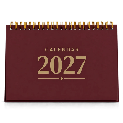 2027 desk calendar in Maroon, A5 landscape tent stand with gold wire-o binding, front view
