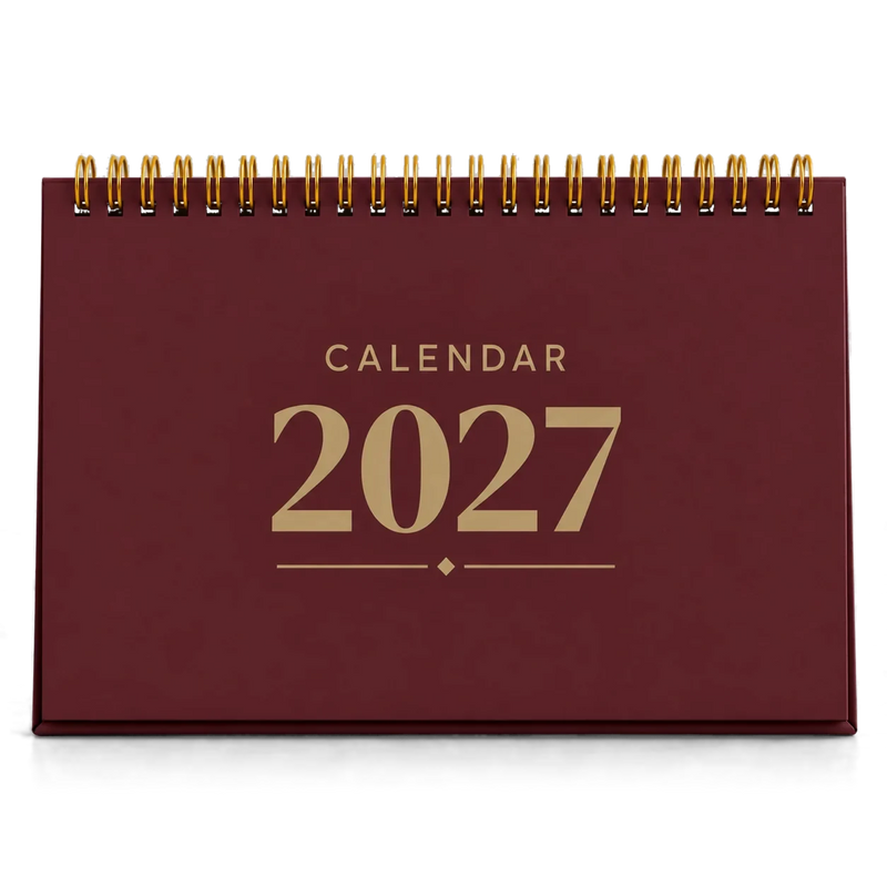 2027 desk calendar in Maroon, A5 landscape tent stand with gold wire-o binding, front view
