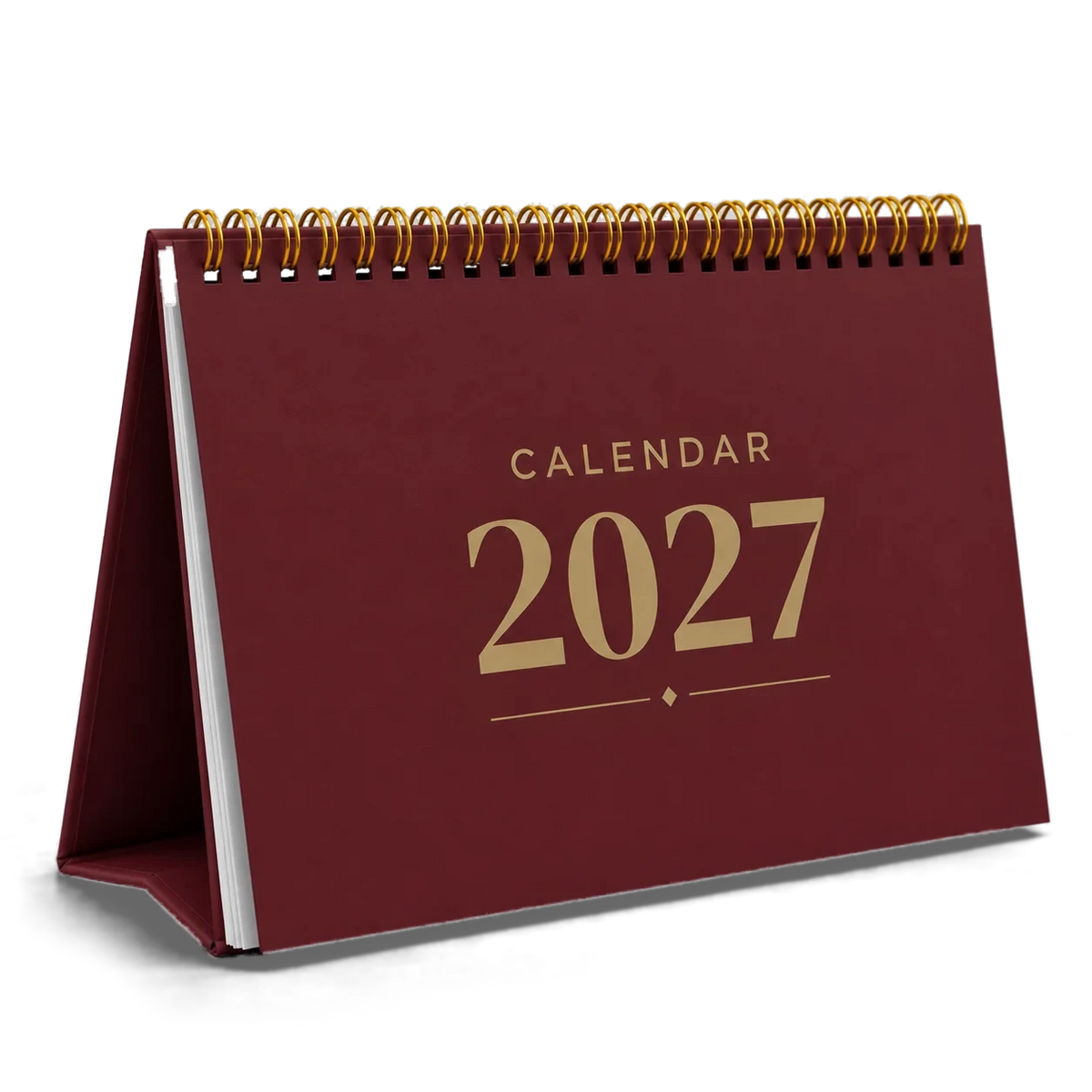 2027 desk calendar in Maroon, A5 landscape tent stand with gold wire-o binding, angled view