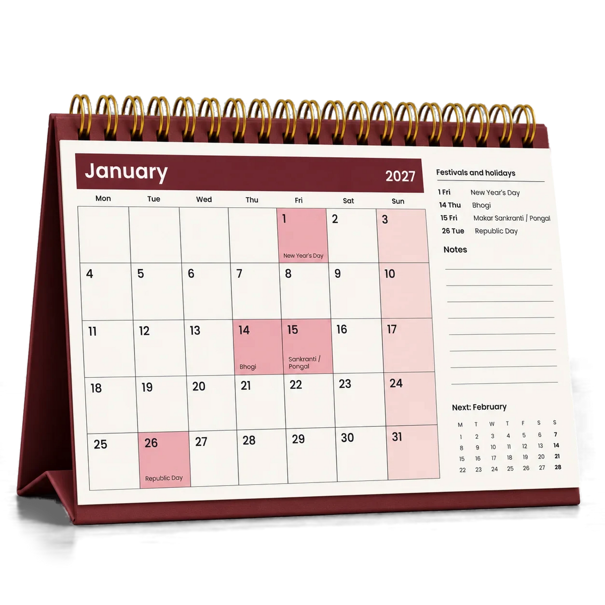 2027 desk calendar in Maroon, open at January with festivals and holidays listed beside the dates