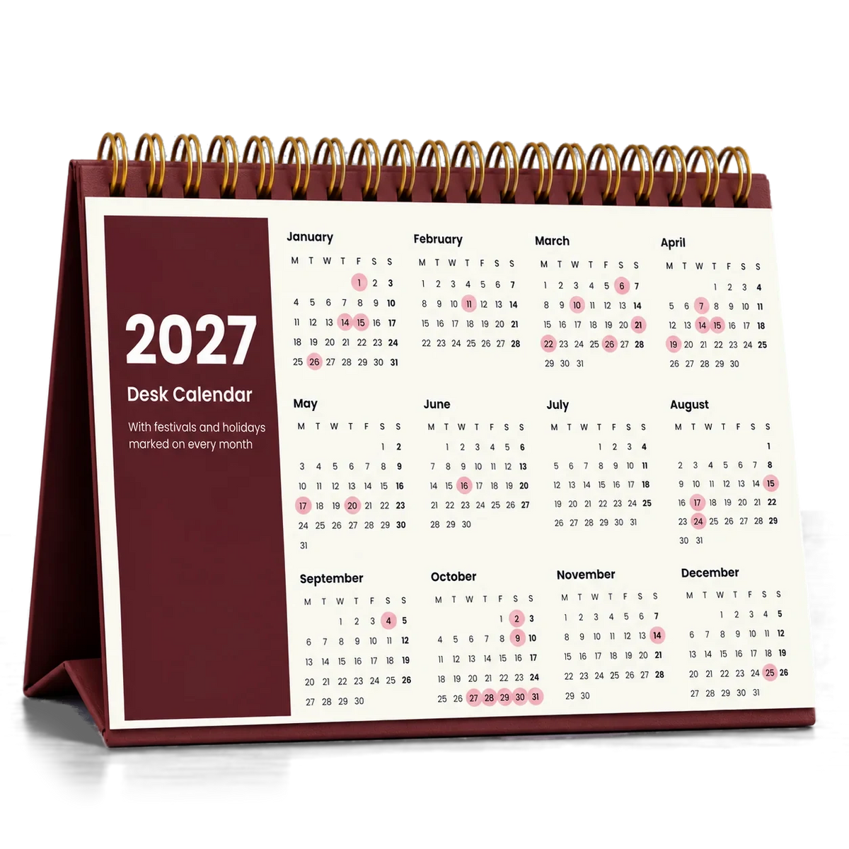 2027 desk calendar in Maroon, year at a glance page with festival dates circled