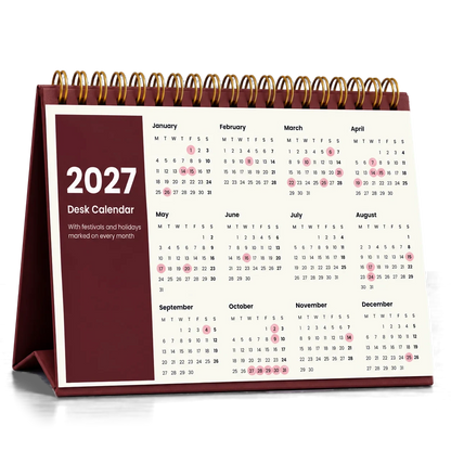 2027 desk calendar in Maroon, year at a glance page with festival dates circled