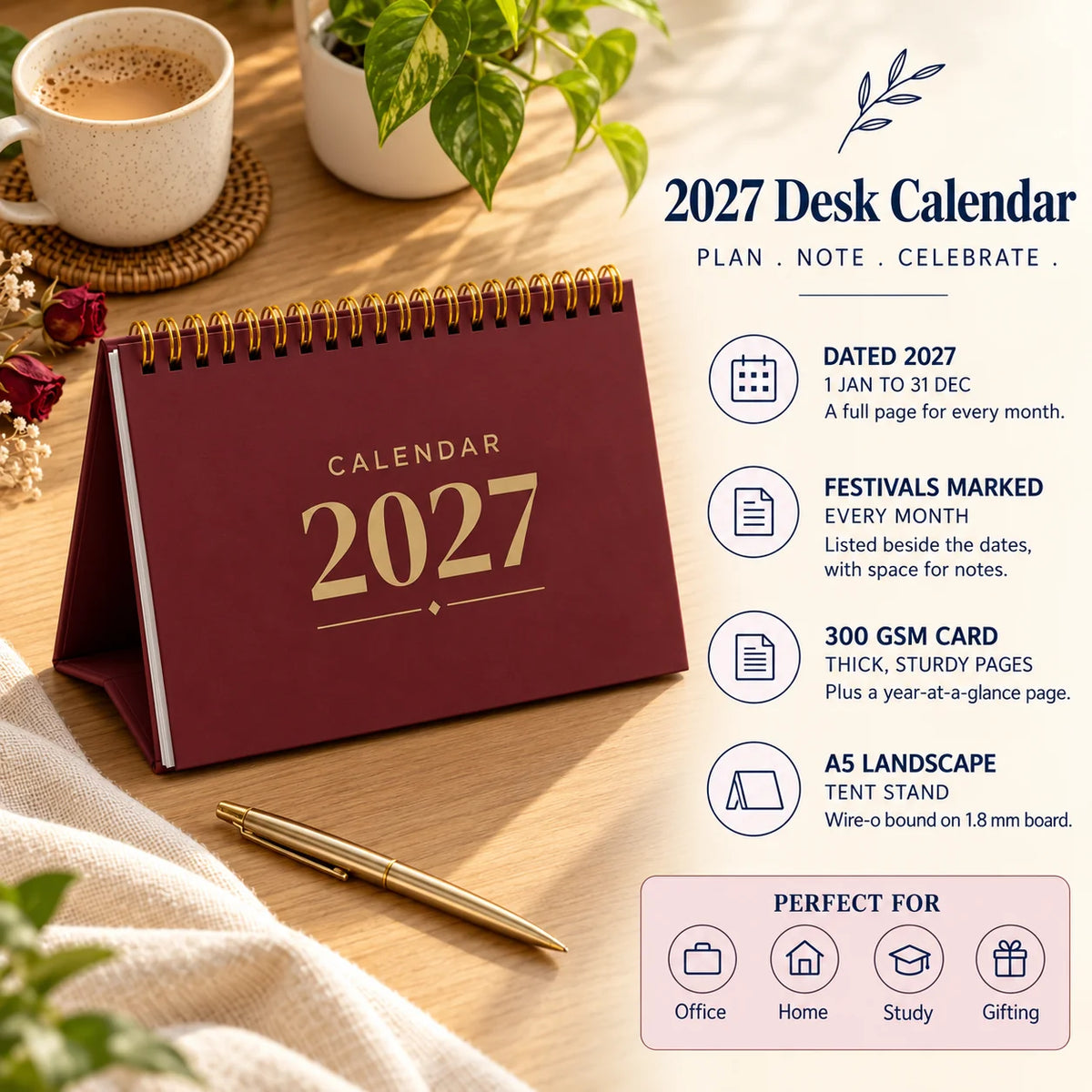 2027 desk calendar in Maroon on a wooden desk with chai, with key features