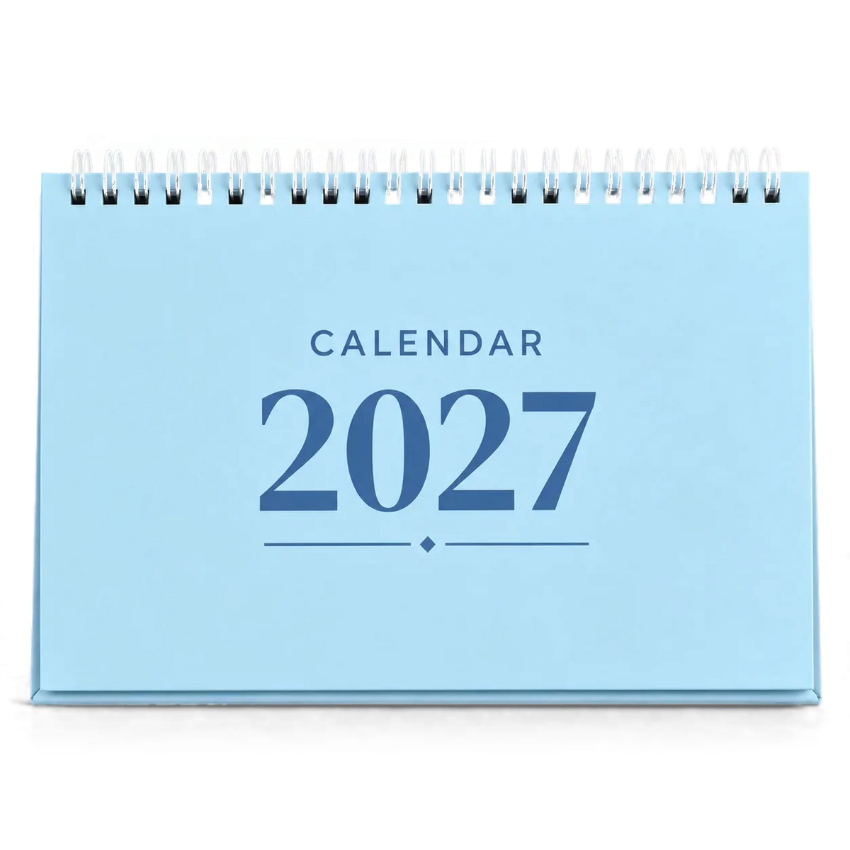 2027 desk calendar in Powder Blue, A5 landscape tent stand with white wire-o binding, front view