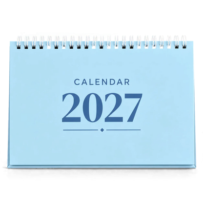 2027 desk calendar in Powder Blue, A5 landscape tent stand with white wire-o binding, front view