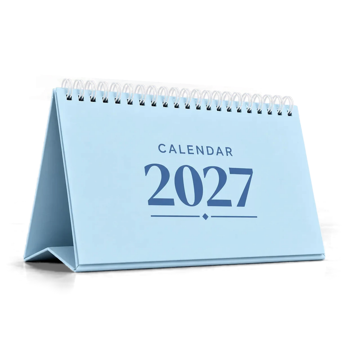 2027 desk calendar in Powder Blue, A5 landscape tent stand with white wire-o binding, angled view