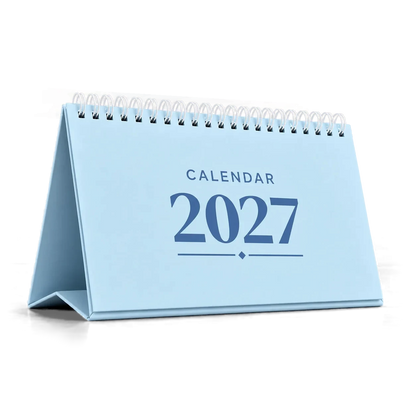 2027 desk calendar in Powder Blue, A5 landscape tent stand with white wire-o binding, angled view