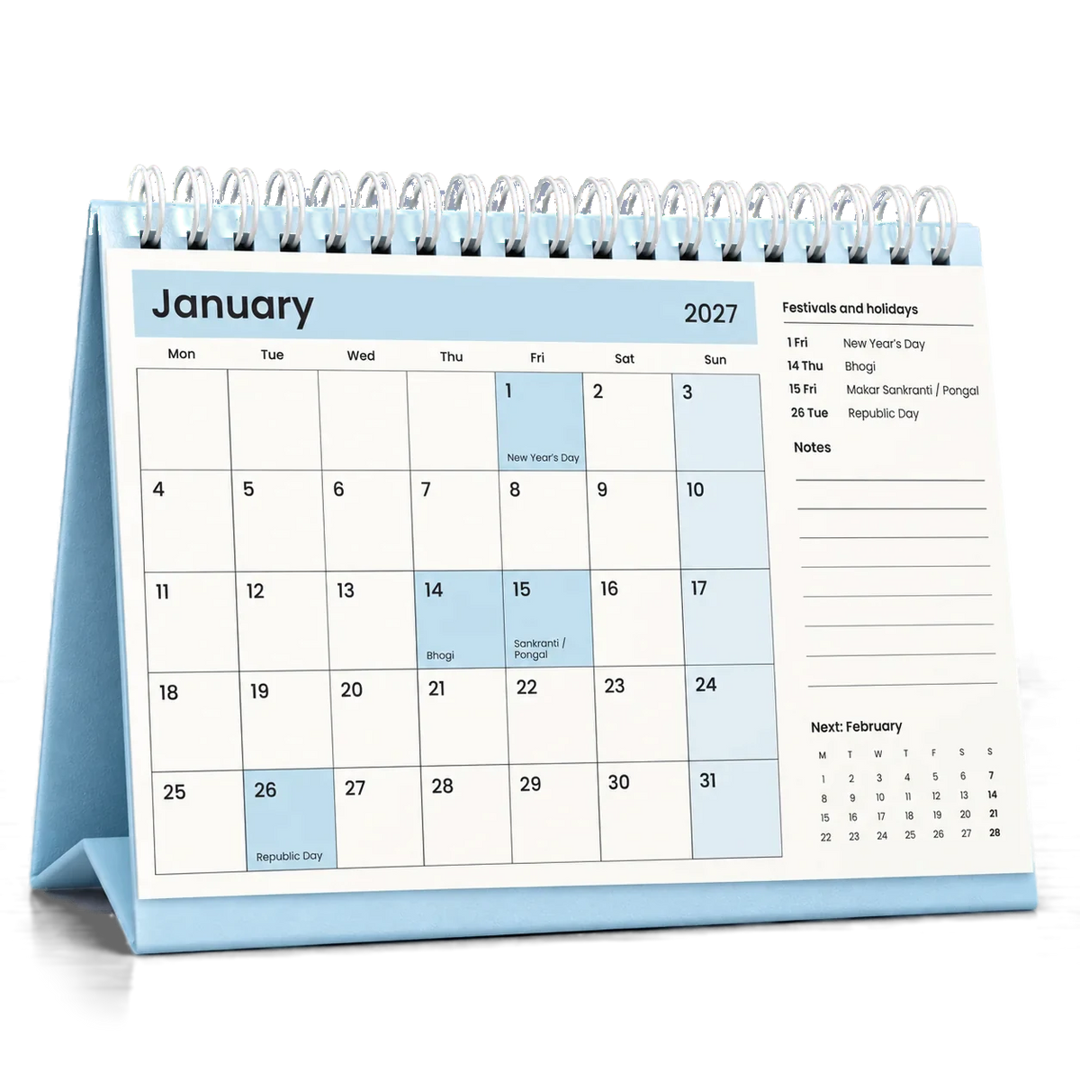 2027 desk calendar in Powder Blue, open at January with festivals and holidays listed beside the dates