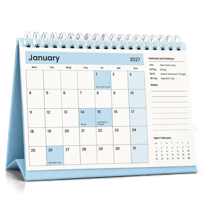 2027 desk calendar in Powder Blue, open at January with festivals and holidays listed beside the dates
