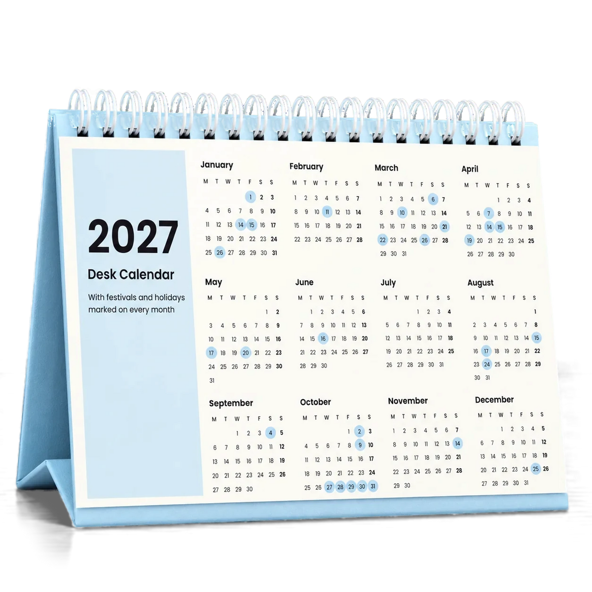 2027 desk calendar in Powder Blue, year at a glance page with festival dates circled