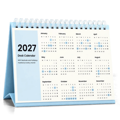 2027 desk calendar in Powder Blue, year at a glance page with festival dates circled