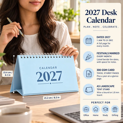 2027 desk calendar in Powder Blue on a desk with a woman's hand on it, with size and key features