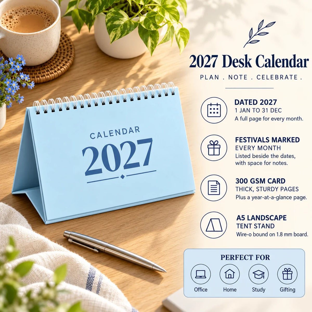 2027 desk calendar in Powder Blue on a wooden desk with chai, with key features