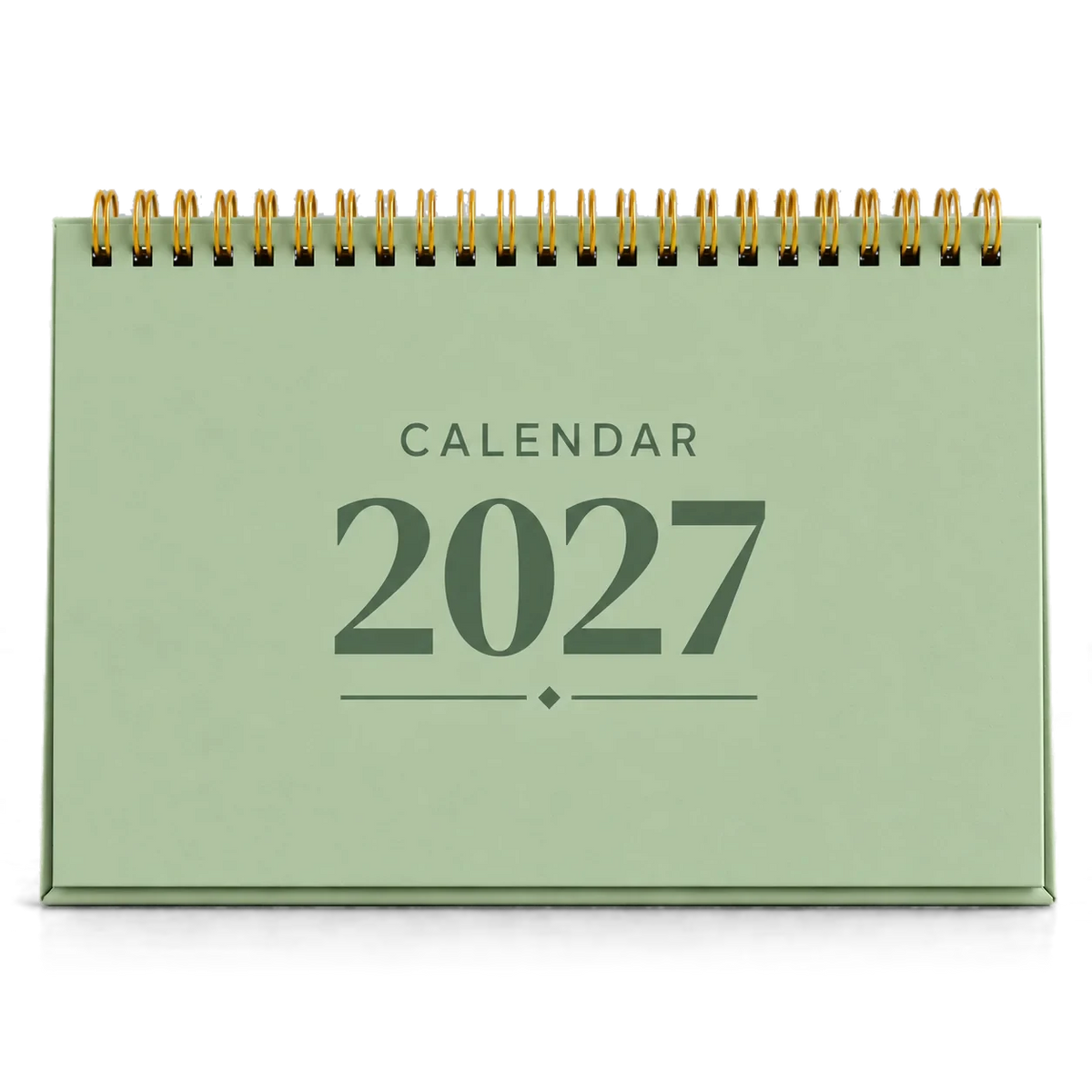 2027 desk calendar in Sage Green, A5 landscape tent stand with gold wire-o binding, front view