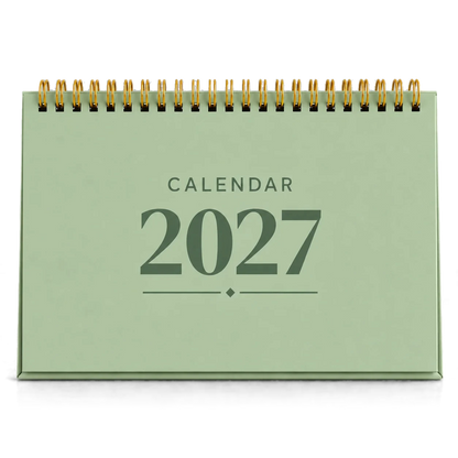 2027 desk calendar in Sage Green, A5 landscape tent stand with gold wire-o binding, front view