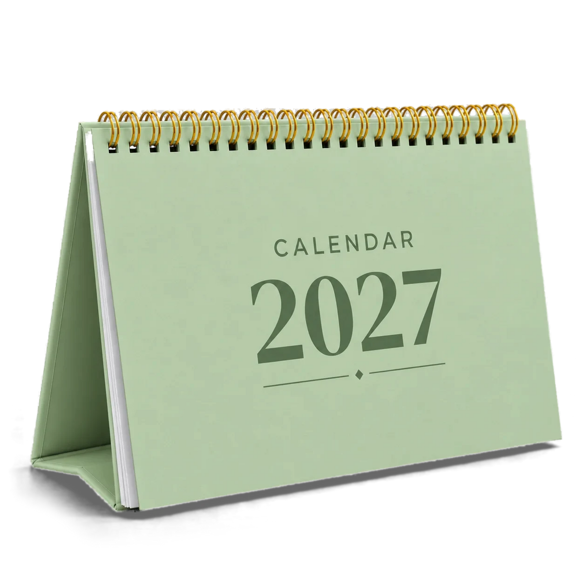 2027 desk calendar in Sage Green, A5 landscape tent stand with gold wire-o binding, angled view