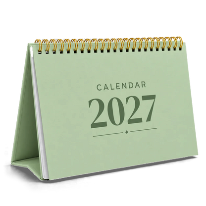 2027 desk calendar in Sage Green, A5 landscape tent stand with gold wire-o binding, angled view