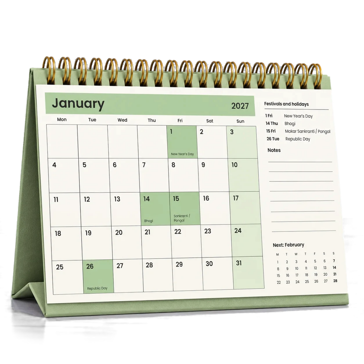 2027 desk calendar in Sage Green, open at January with festivals and holidays listed beside the dates