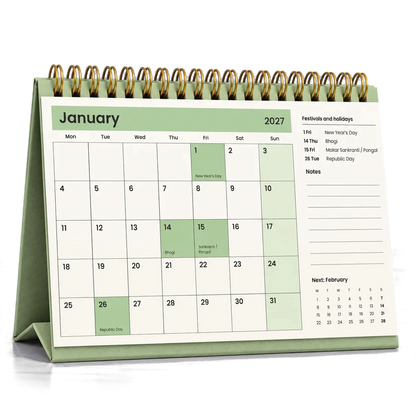2027 desk calendar in Sage Green, open at January with festivals and holidays listed beside the dates