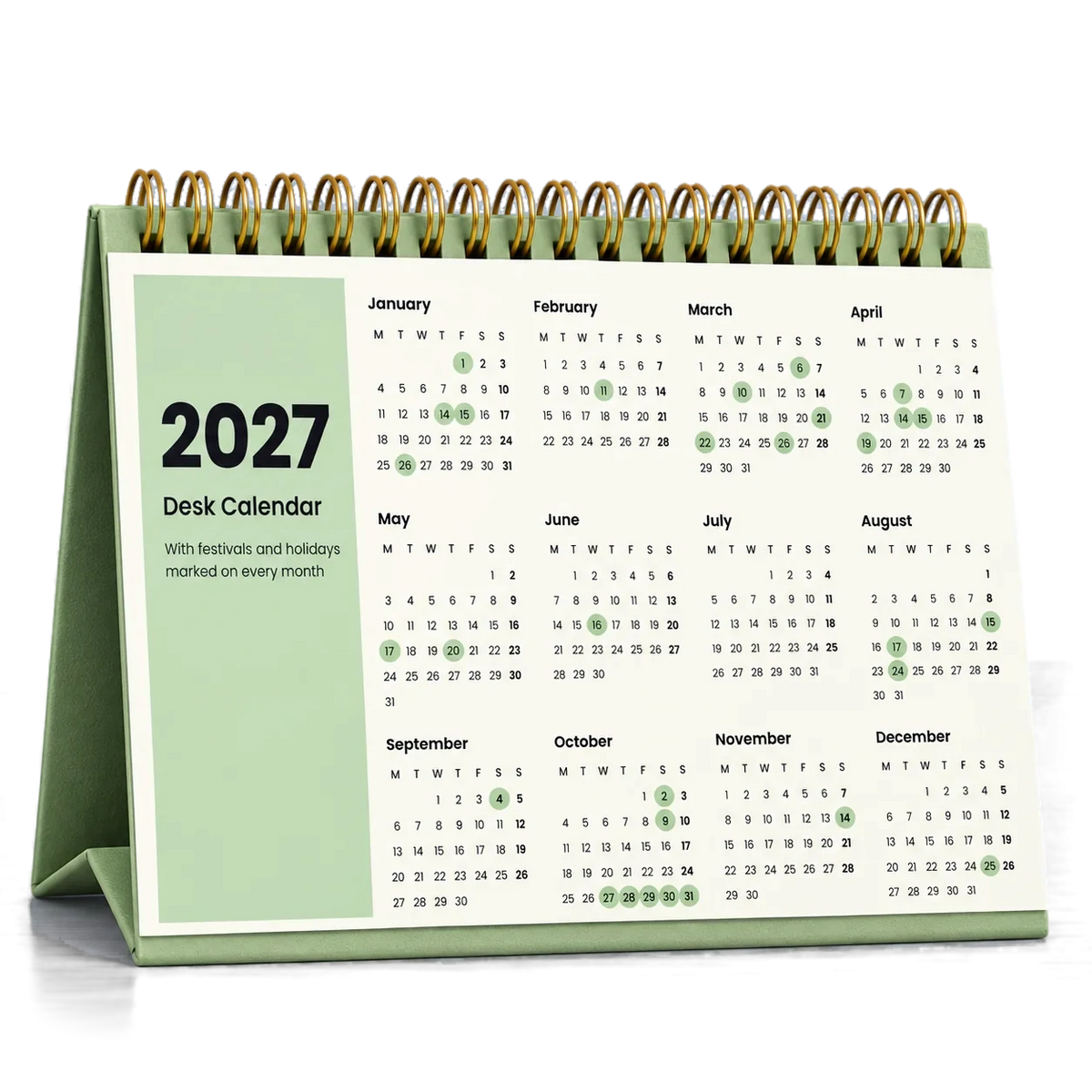 2027 desk calendar in Sage Green, year at a glance page with festival dates circled