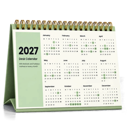 2027 desk calendar in Sage Green, year at a glance page with festival dates circled