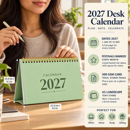 2027 desk calendar in Sage Green on a desk with a woman's hand on it, with size and key features