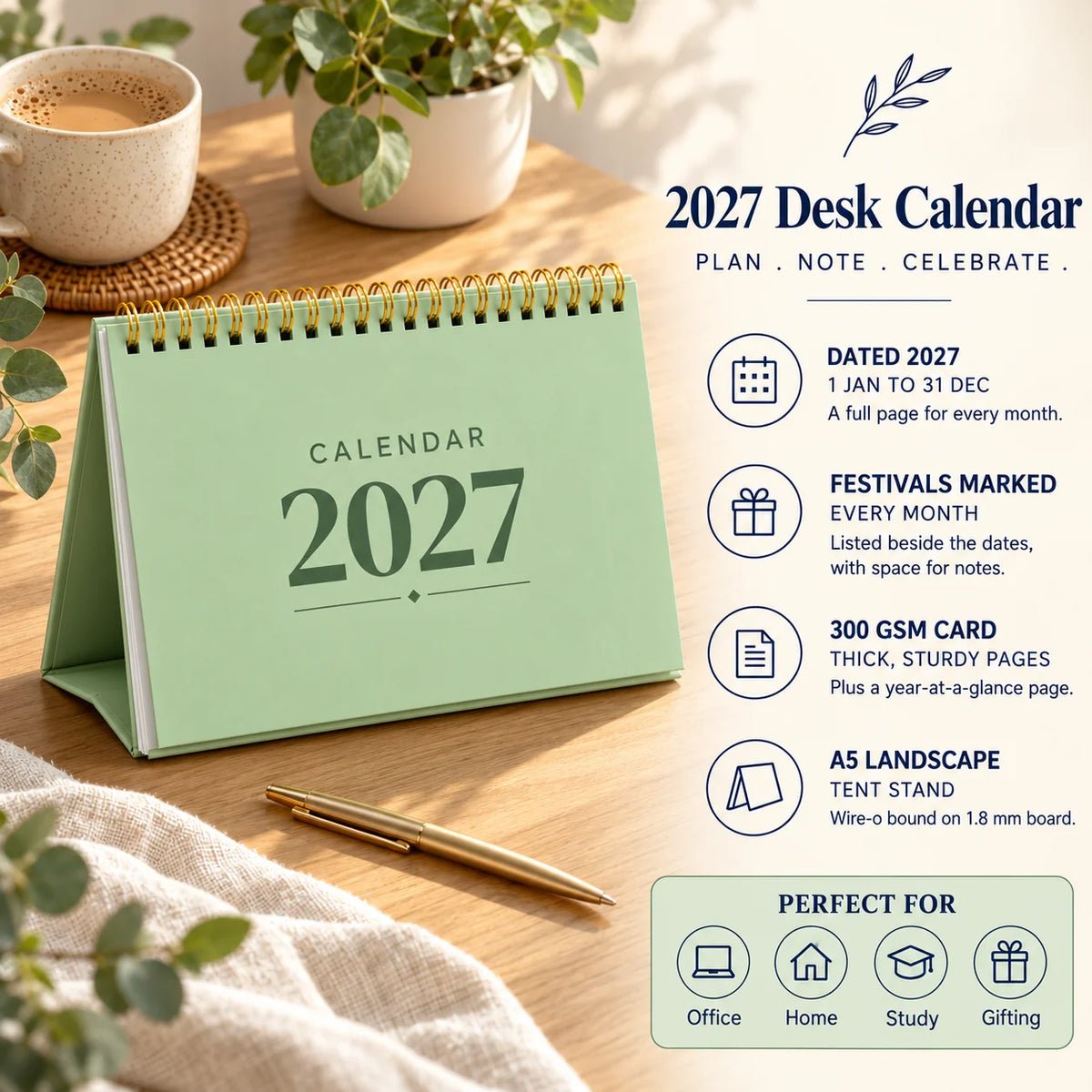2027 desk calendar in Sage Green on a wooden desk with chai, with key features