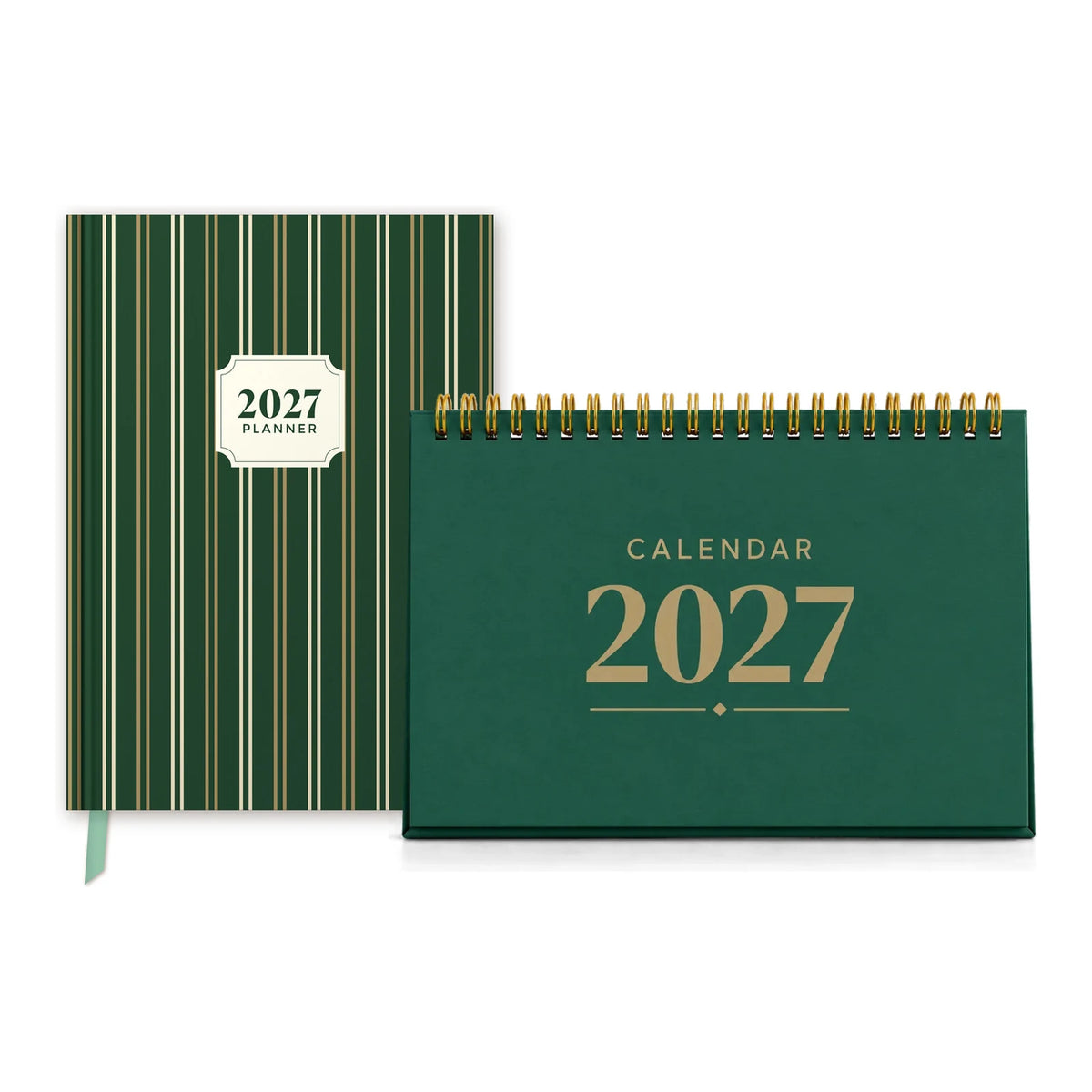 2027 planner and desk calendar bundle in Bottle Green: Forest Green Gold Stripe planner with a Bottle Green desk calendar