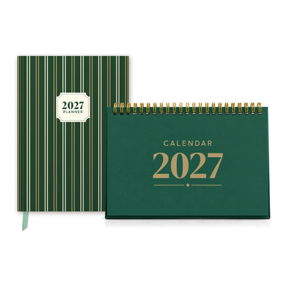 2027 planner and desk calendar bundle in Bottle Green: Forest Green Gold Stripe planner with a Bottle Green desk calendar