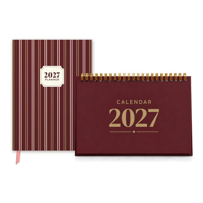 2027 planner and desk calendar bundle in Maroon: Red Stripe planner with a Maroon desk calendar