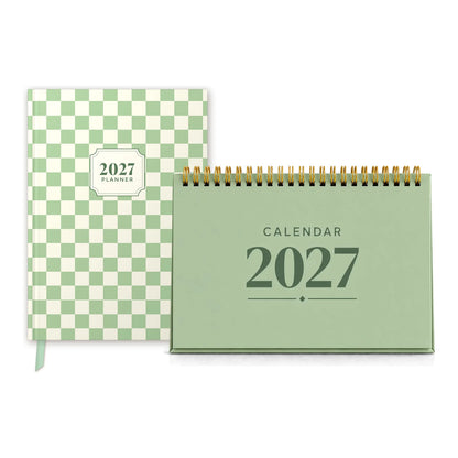 2027 planner and desk calendar bundle in Sage Green: Sage Green Check planner with a Sage Green desk calendar