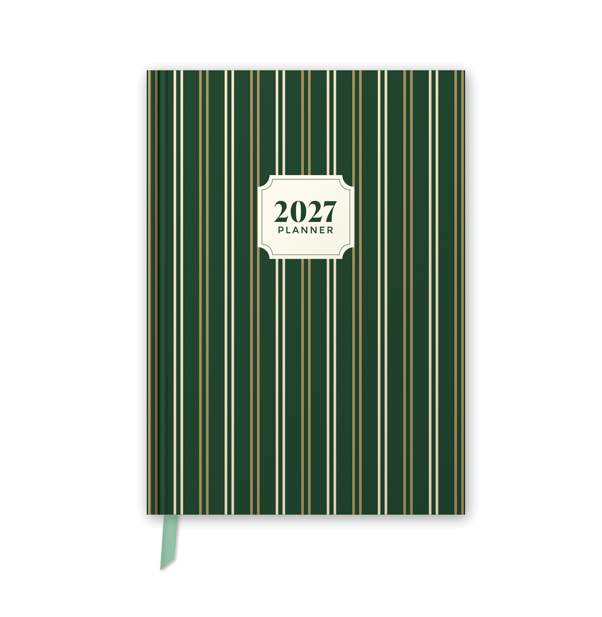 2027 daily planner diary, Forest Green Gold Stripe A5 hardbound cover, front