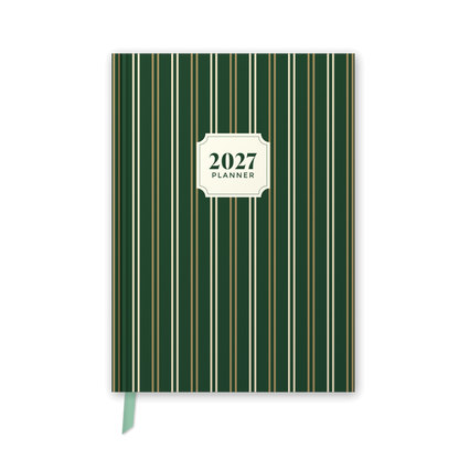 2027 daily planner diary, Forest Green Gold Stripe A5 hardbound cover, front