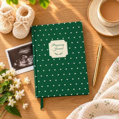 Pregnancy journal in Bottle Green on a wooden table with baby booties, an ultrasound photo and chai