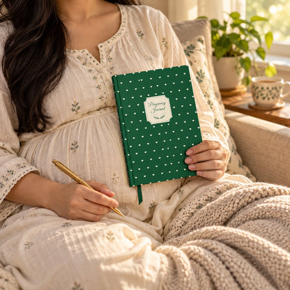 Expecting mother on a sofa holding the Bottle Green pregnancy journal against her bump