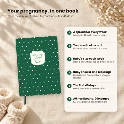 Bottle Green pregnancy journal features: weekly spreads, medical record, baby size, baby shower pages, first 40 days, A5 hardbound 200 pages