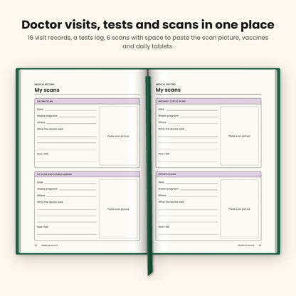 Bottle Green pregnancy journal open at the scan record pages with space for scan pictures