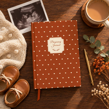 Pregnancy journal in Copper Brown on a walnut desk with baby shoes, an ultrasound photo and chai