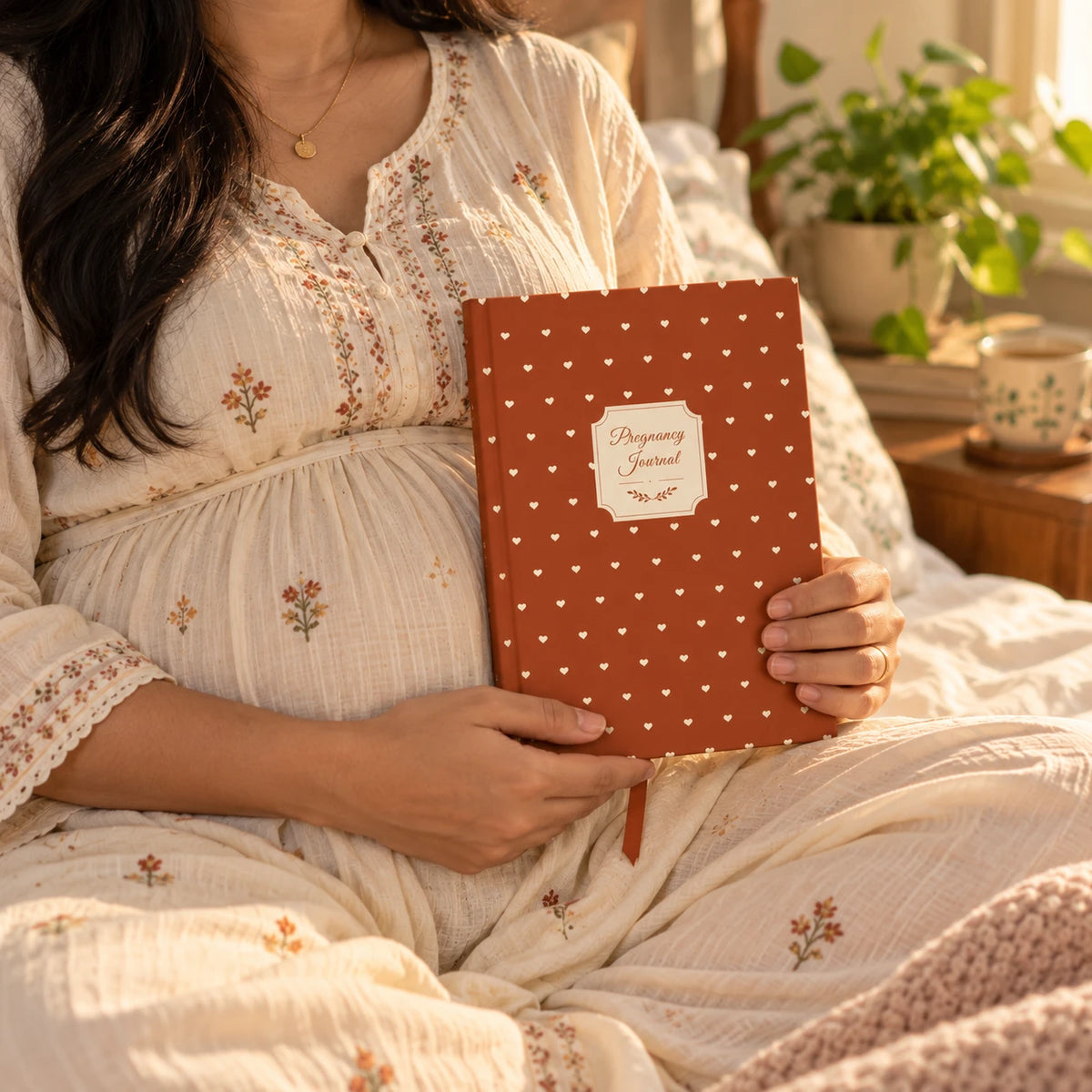 Expecting mother on a bed holding the Copper Brown pregnancy journal