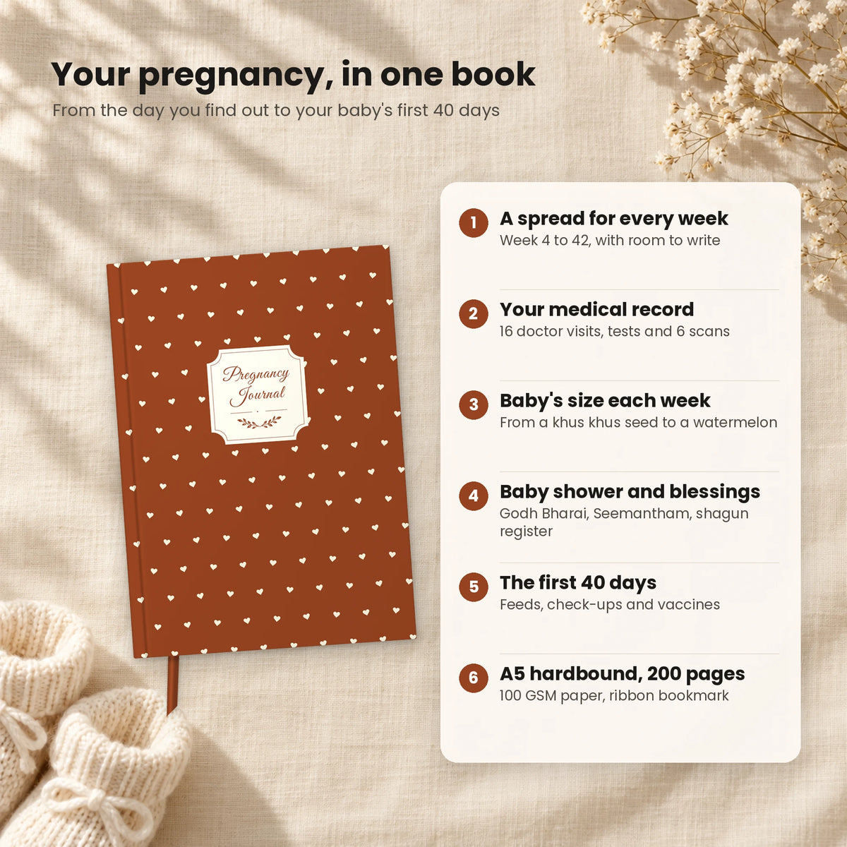 Copper Brown pregnancy journal features: weekly spreads, medical record, baby size, baby shower pages, first 40 days, A5 hardbound 200 pages