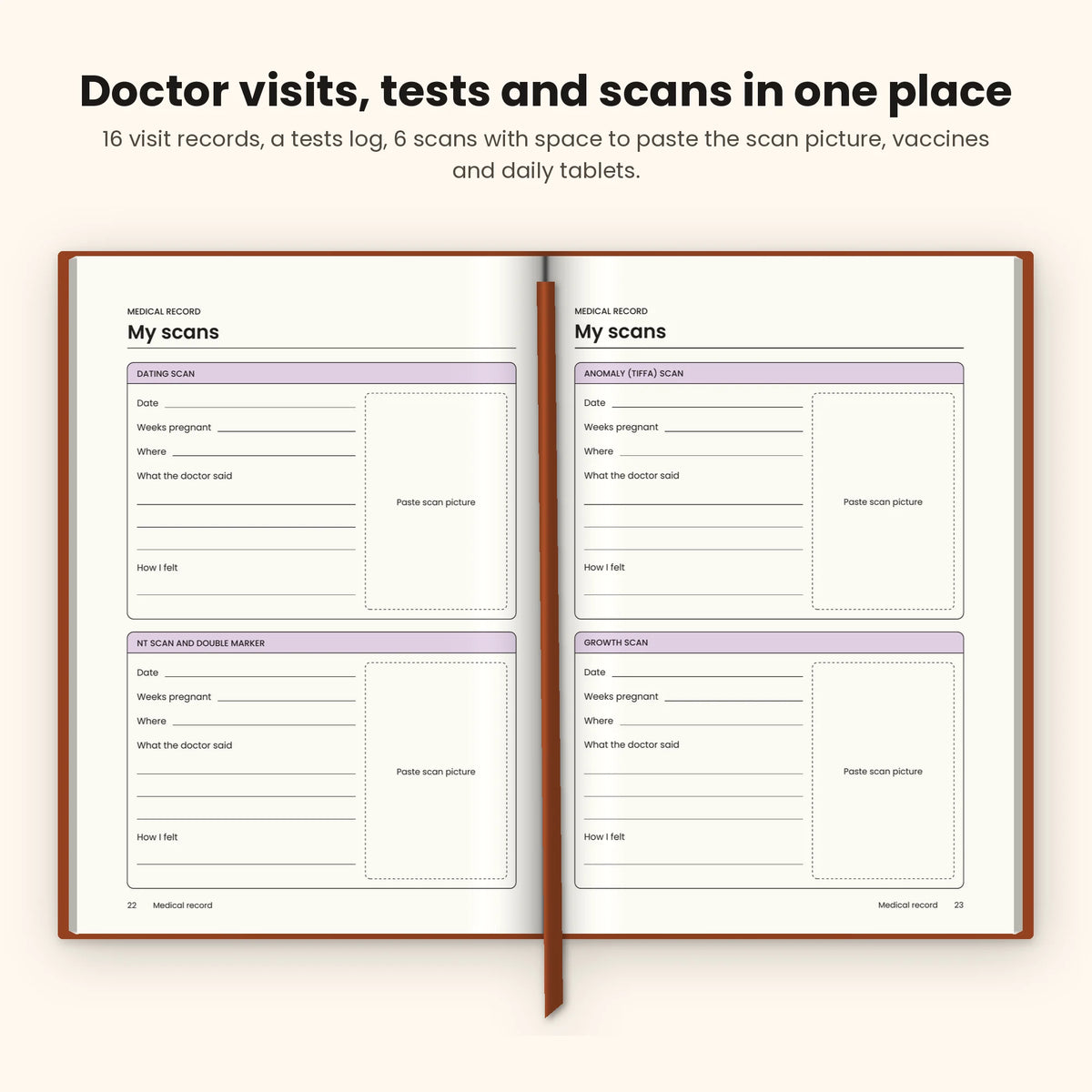 Copper Brown pregnancy journal open at the scan record pages with space for scan pictures