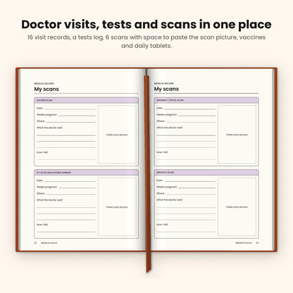 Copper Brown pregnancy journal open at the scan record pages with space for scan pictures