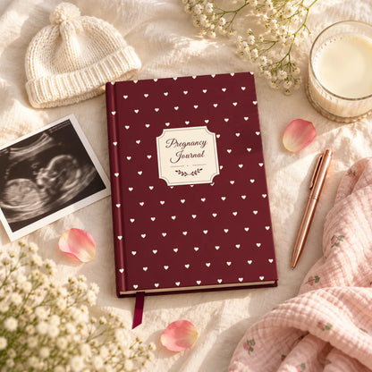 Pregnancy journal in Maroon on a cream bedspread with a baby cap, an ultrasound photo and flowers